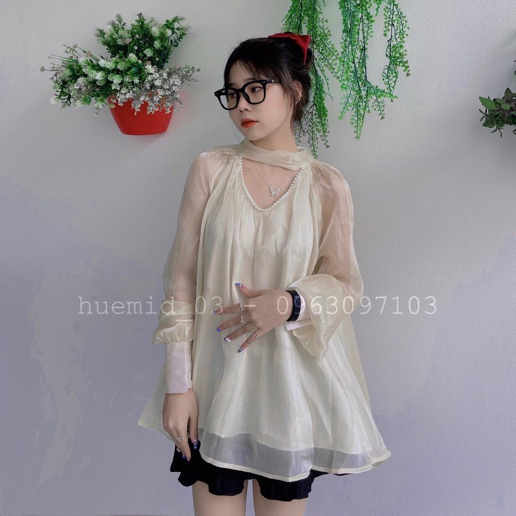 Áo sơ mi kiểu babydoll cổ V chocker đính ngọc thắt nơ lưng - DRA0027