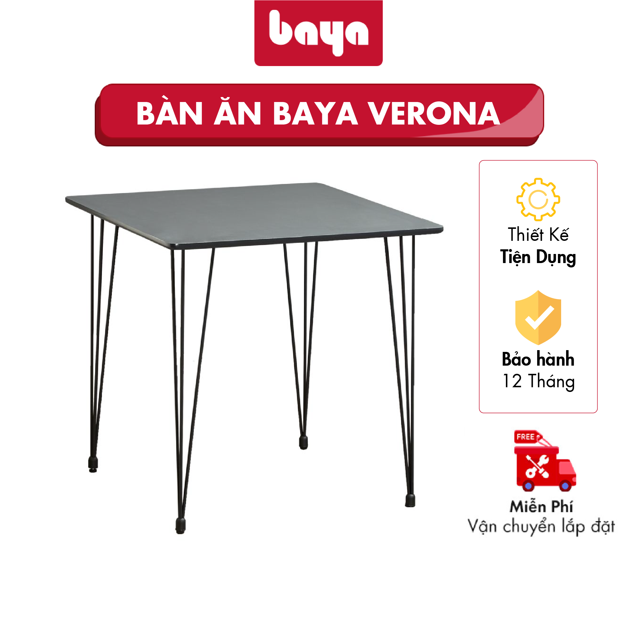 Bàn Ăn BAYA VERONA Thiết Kế Mới Lạ Với Chân Bàn Gồm 3 Thanh Kim Loại, Mặt Bàn Làm Từ Gỗ Công Nghiệp Phủ Sơn Cao Cấp, Độ Bền Cao