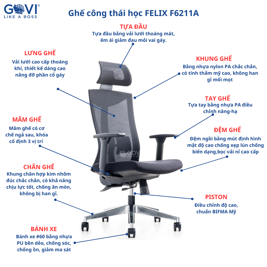 Ghế công thái học GOVI Felix F6211A - Thiết kế bảo vệ sức khỏe