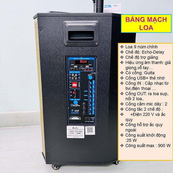 Loa kéo di động Bluetooth,AZ-1208,Bass 30-3 đường tiếng thùng gỗ cao cấp,4 bánh xe di động,tặng 2 mic không dây ,Công suất mạnh mẽ,Hàng chính hãng AZPRO