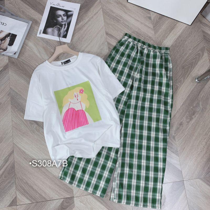 Set bộ QC búp bê quần caro ống rộng, Set caro ống rộng áo búp bê hồng