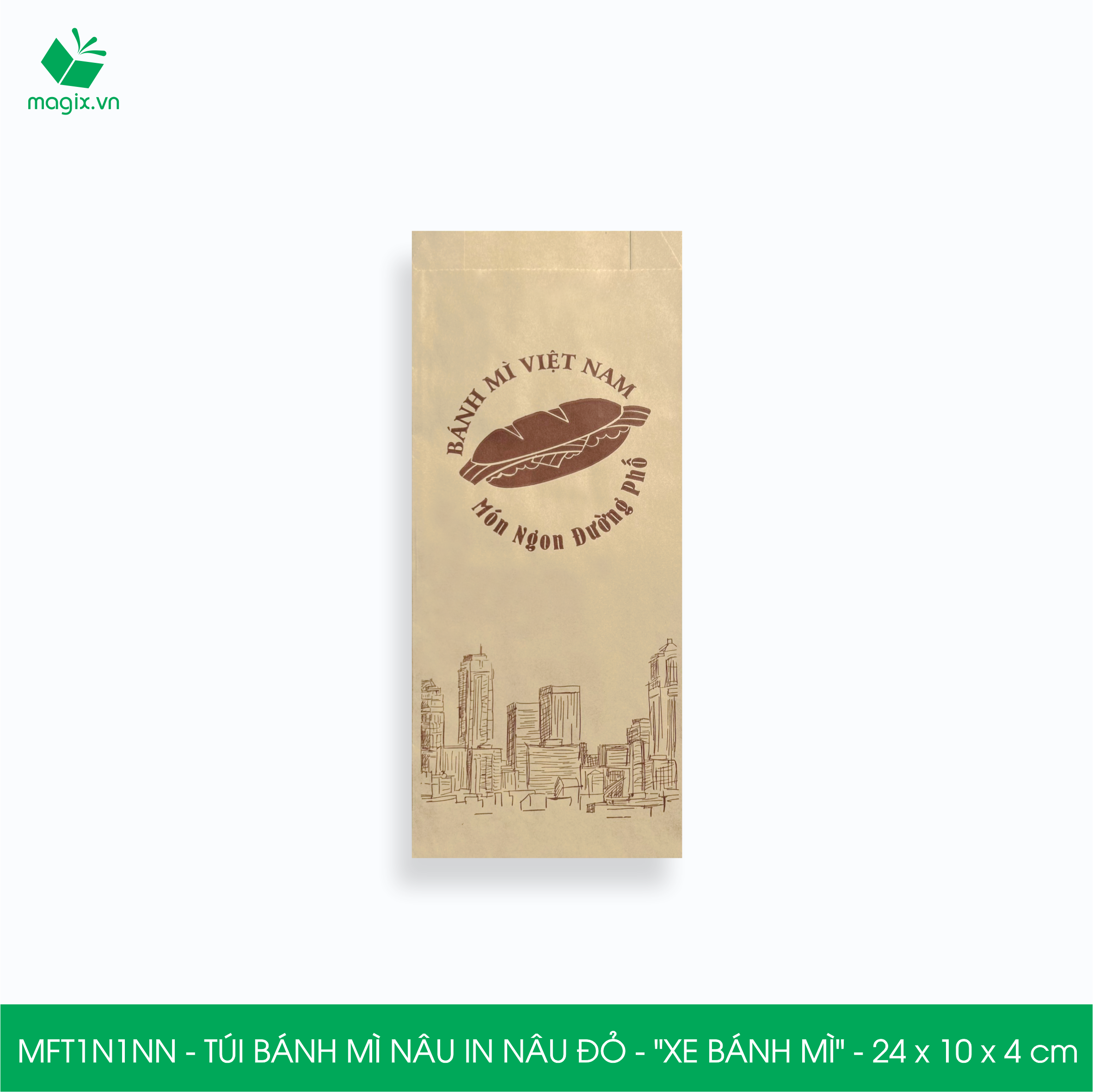 MFT1N1NN - 24x10x4 cm - 1000 Túi bánh mì Nâu, in sẵn họa tiết XE BÁNH MÌ - Bao bánh mì Túi giấy thực phẩm an toàn