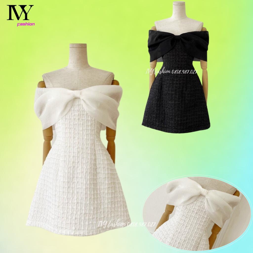 Đầm váy trễ vai gấm cao cấp phối voan trắng đen nơ ngực cúp ngực quai ivy.fashion đi biển dự tiệc dạo phố bigsize