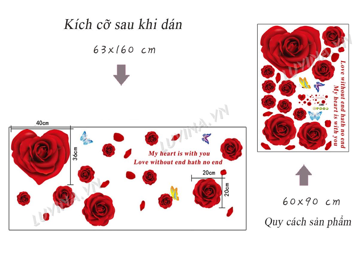 Decal dán tường hoa hồng trái tim - HP140