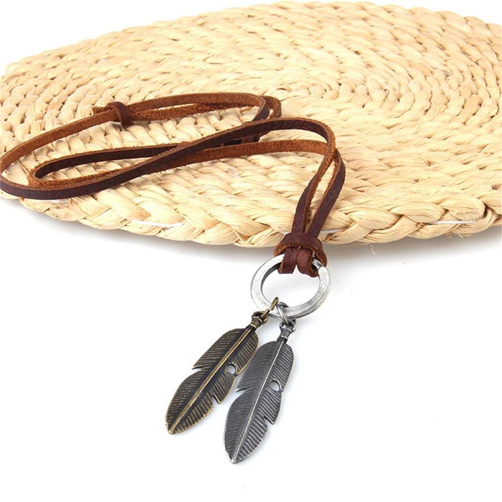 Double Charm Silver&Gold Leaves Pendant Adjustable PU Leather Rope Necklace