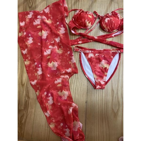 SET BIKIBI, ĐỒ BƠI ĐI BIỂN 3 MÓN ÁO GỌNG HOA  ĐỎ QUẦN TAM GIÁC KHOEN  KÈM KHĂN MẪU MỚI SEXY ODERI