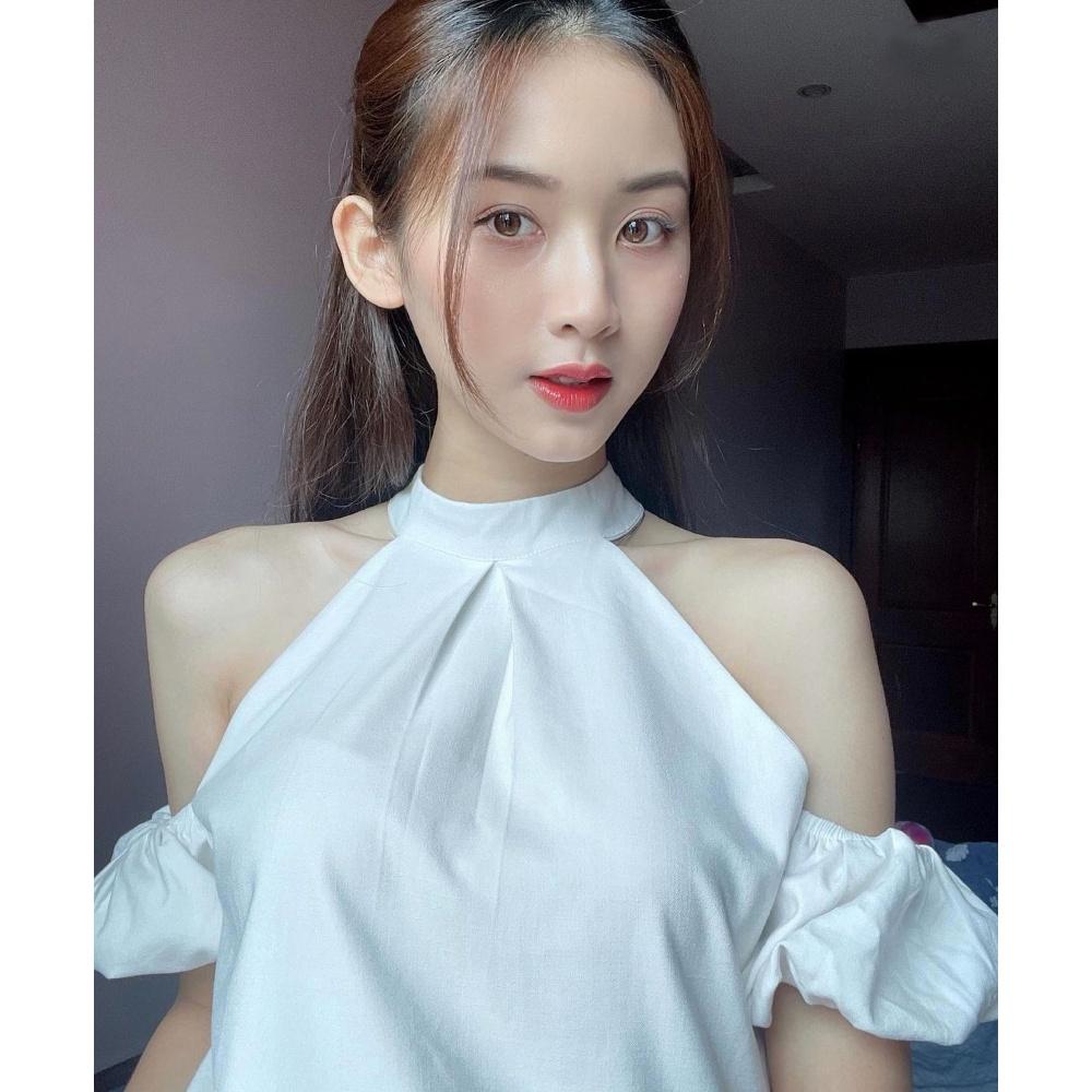 Áo hở vai cổ yếm 2 lớp – Áo trễ vai tay bồng chất linen – Croptop kiểu eo bo chun
