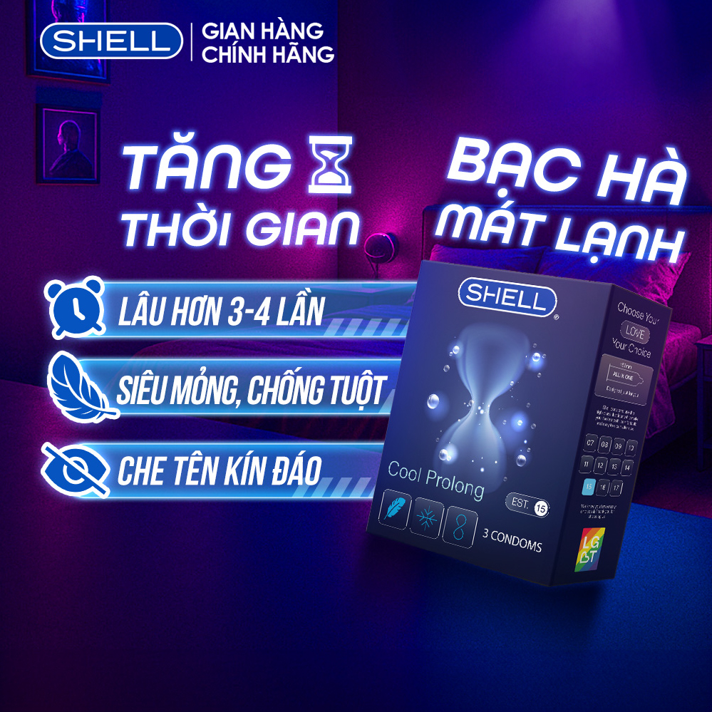 Bao cao su Shell Cool Prolong kéo dài thời gian, bạc hà mát lạnh - Hộp 3 cái | SHELL CHÍNH HÃNG