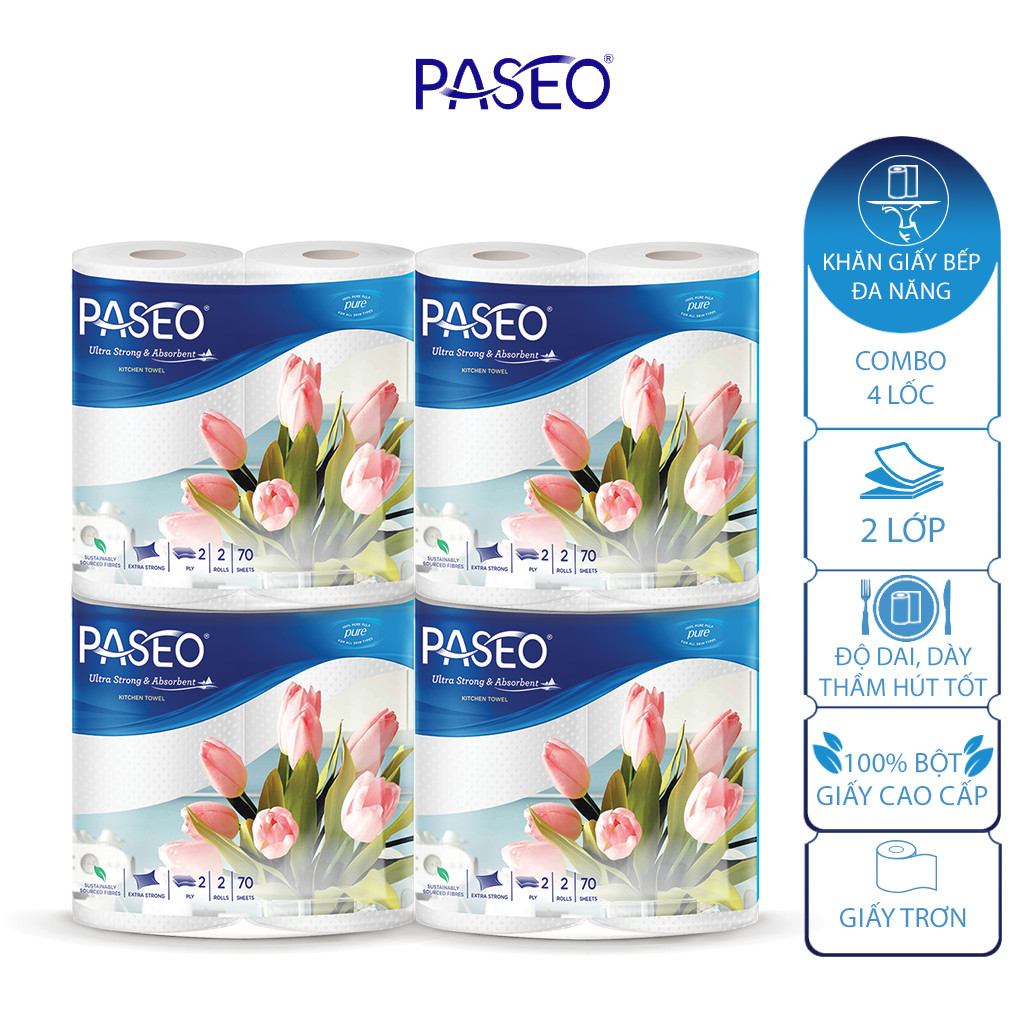 Combo 4 lốc giấy bếp Paseo thấm dầu 2 lớp, an toàn thực phẩm
