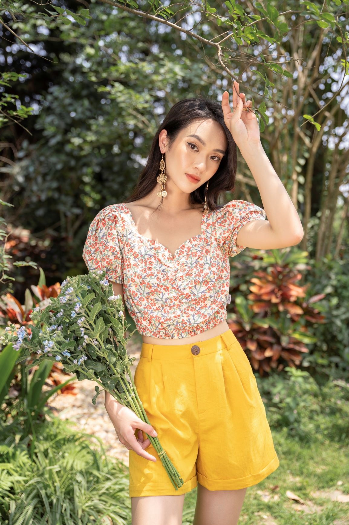 Áo croptop thô hoa, chun gấu A2012-21