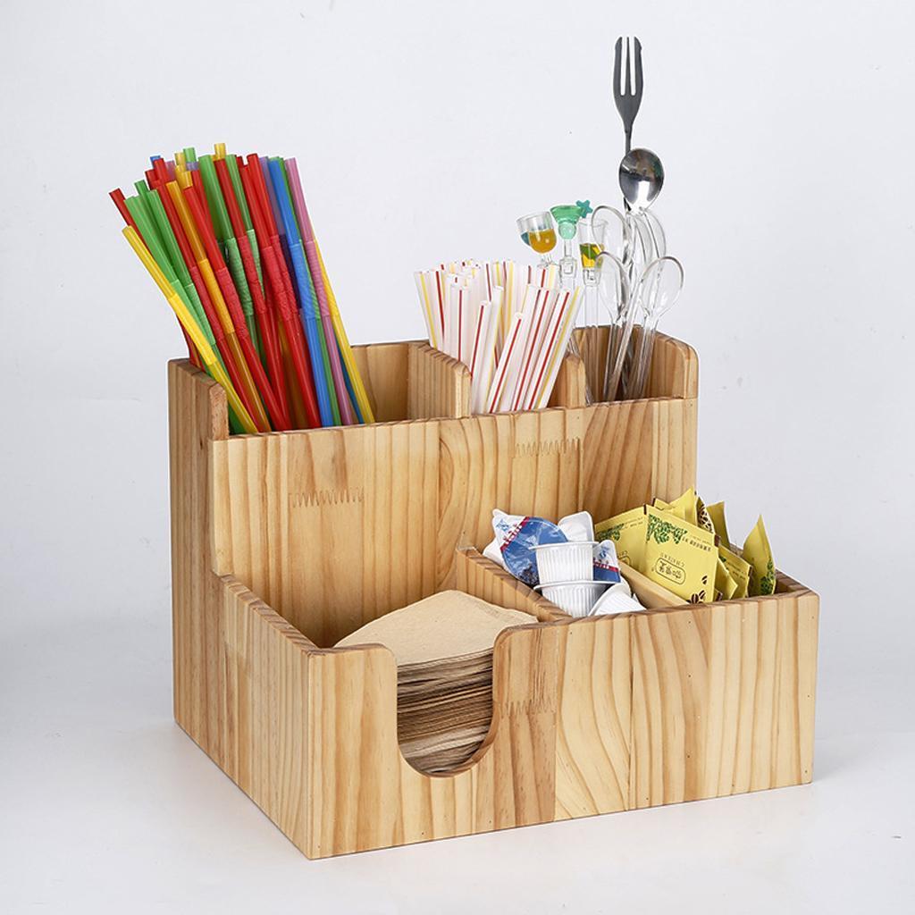 Wooden Cup lid dispenser Coffee Condiment and Accessories Caddy Organizer