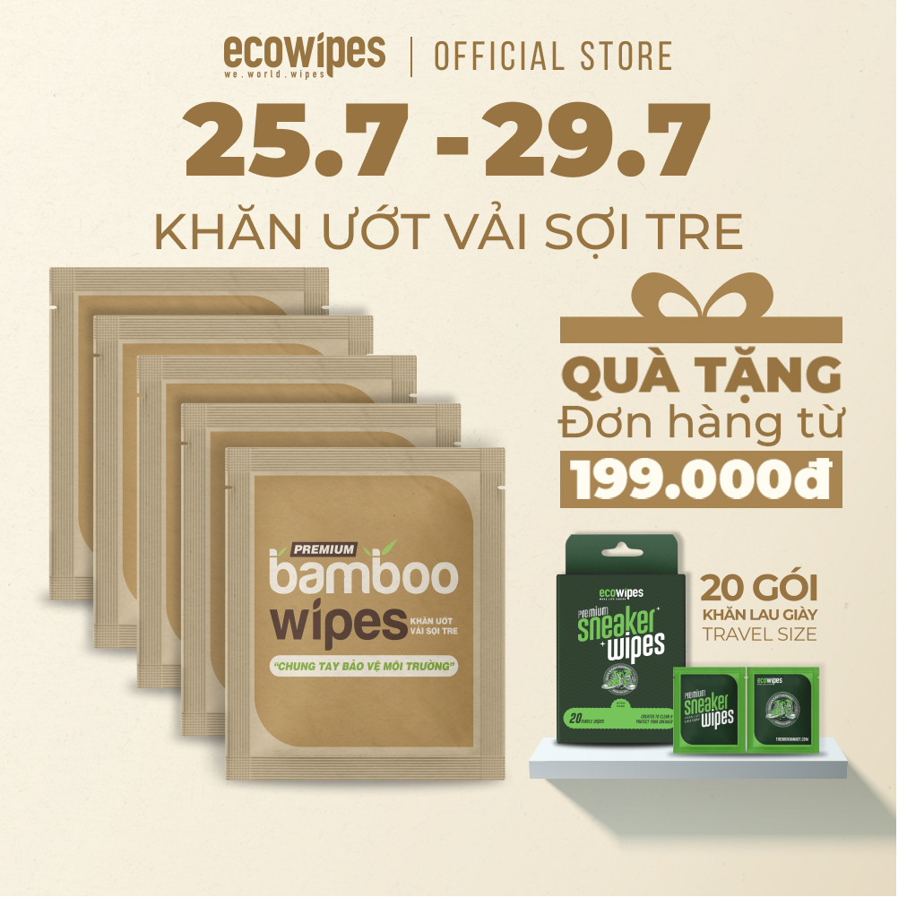 Combo 5 gói khăn giấy ướt cao cấp EcoBamboo Travel size Premium gói 1 tờ vải tre sinh thái không mùi có thể phân hủy