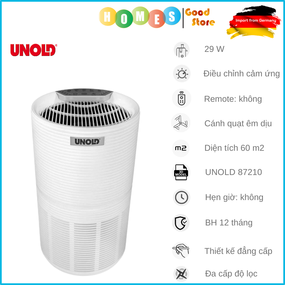 Máy Lọc Không Khí UNOLD 87210 - Nhập Khẩu Đức Khử Khuẩn Và Khử Mùi Hôi Ẩm Mốc Phù Hợp Diện Tích 60 m2 Công Suất 30 W - Hàng Nhập Khẩu