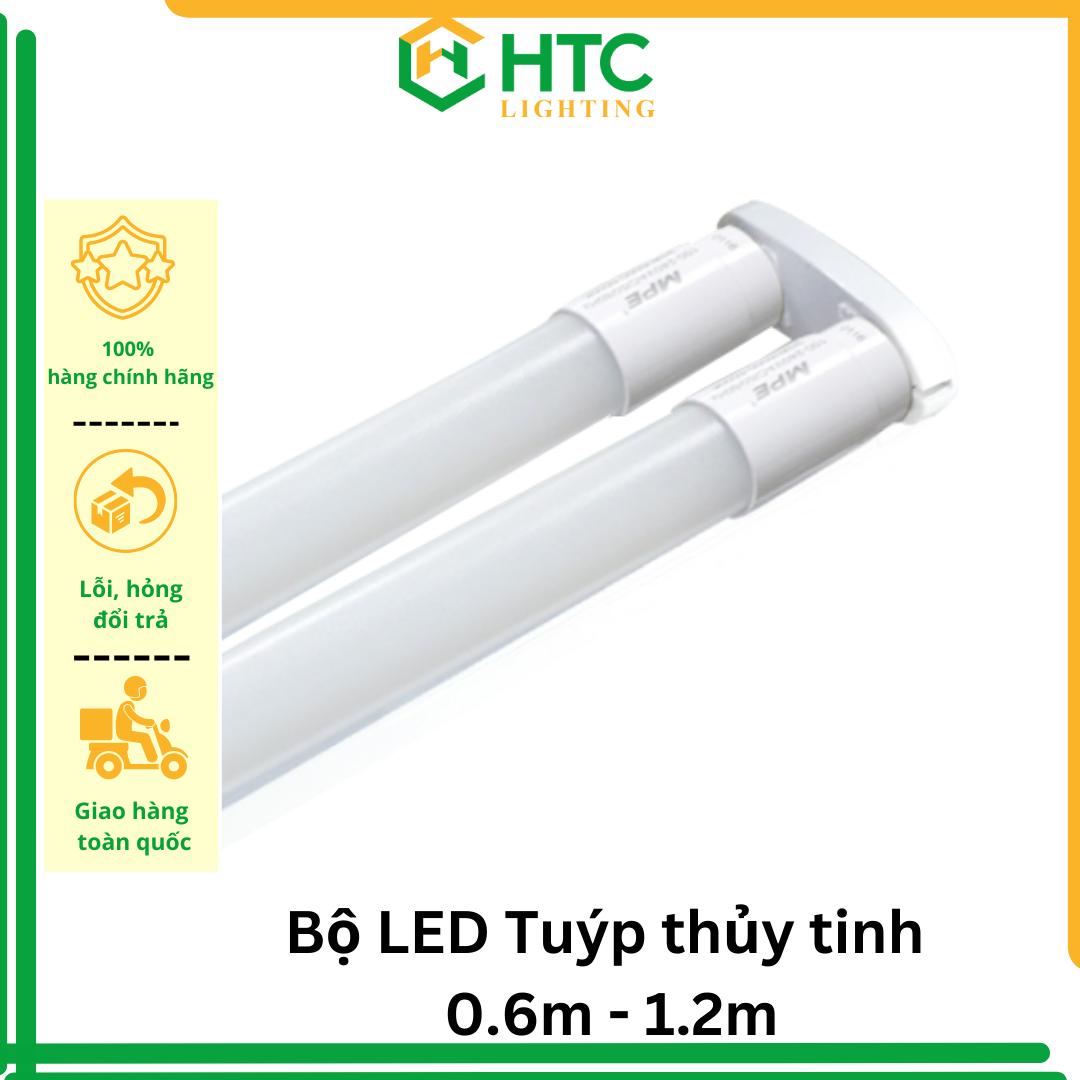 Bộ đèn LED tuýp thủy tinh 60 phân và 1.2m- ánh sáng trắng/ vàng - Thương hiệu MPE (bao gồm máng) - 0.6m (6 tấc) - 9W
