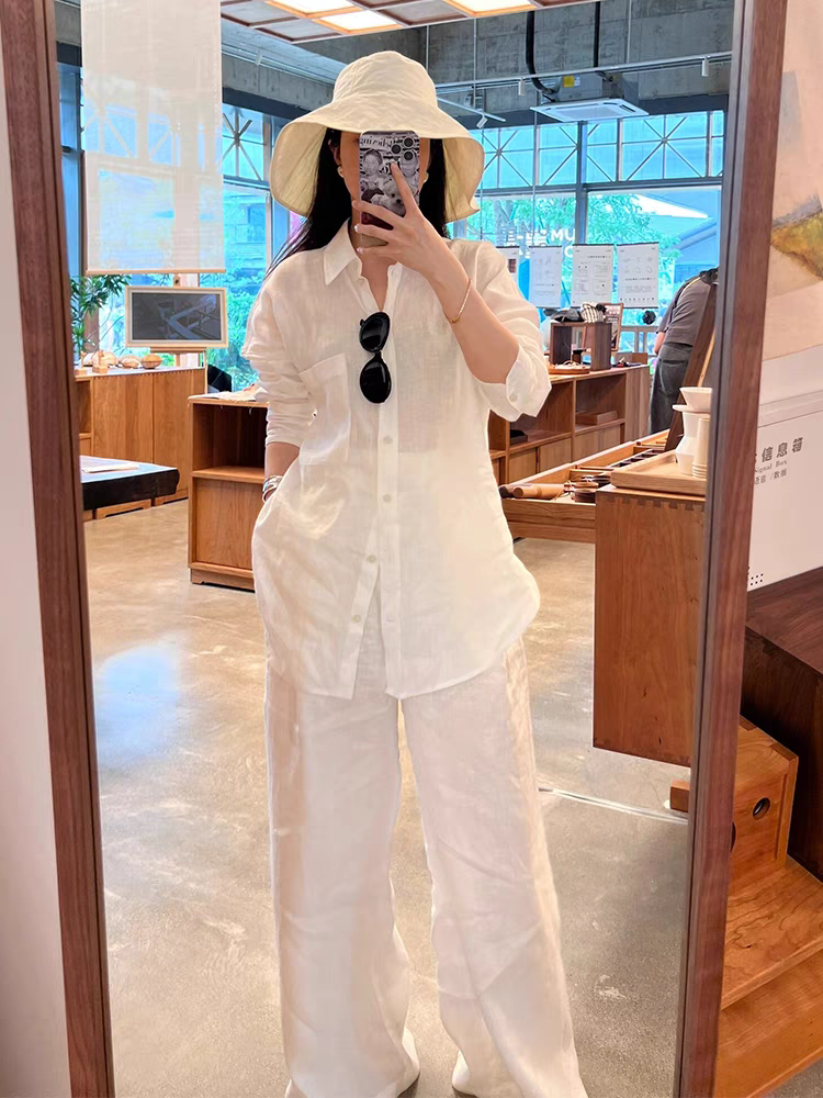 Set bộ gồm áo sơ mi dài tay và quần dài ống rộng chất linen thoáng mát, thoải mái, dễ mặc, phong cách Hàn Quốc