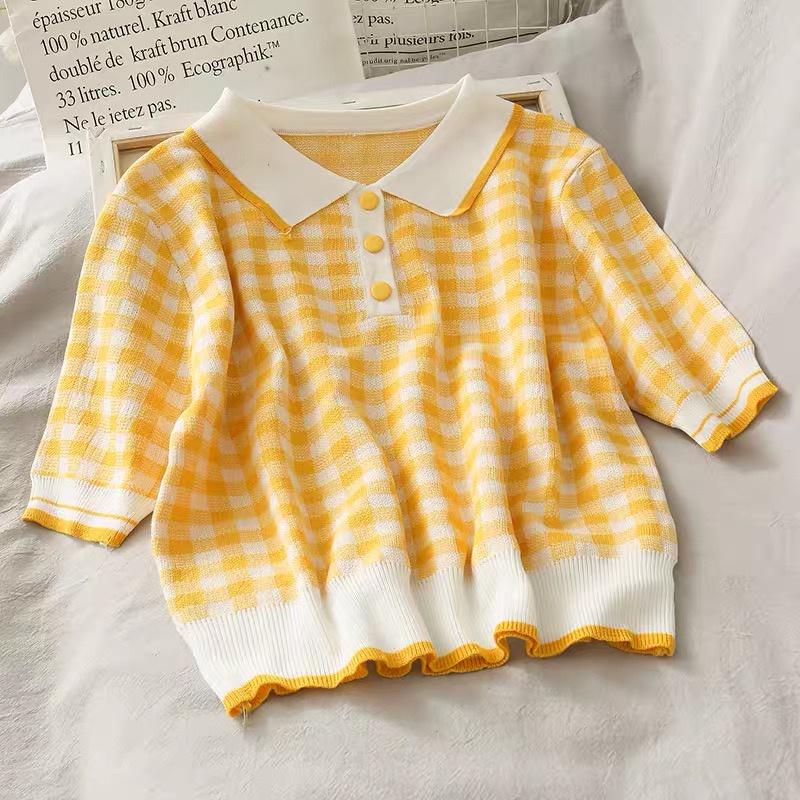 Áo caro polo len mongtoghi nữ tay ngắn form dáng rộng kiểu cổ bẻ phối màu phong cách thời trang Hàn Quốc trẻ trung