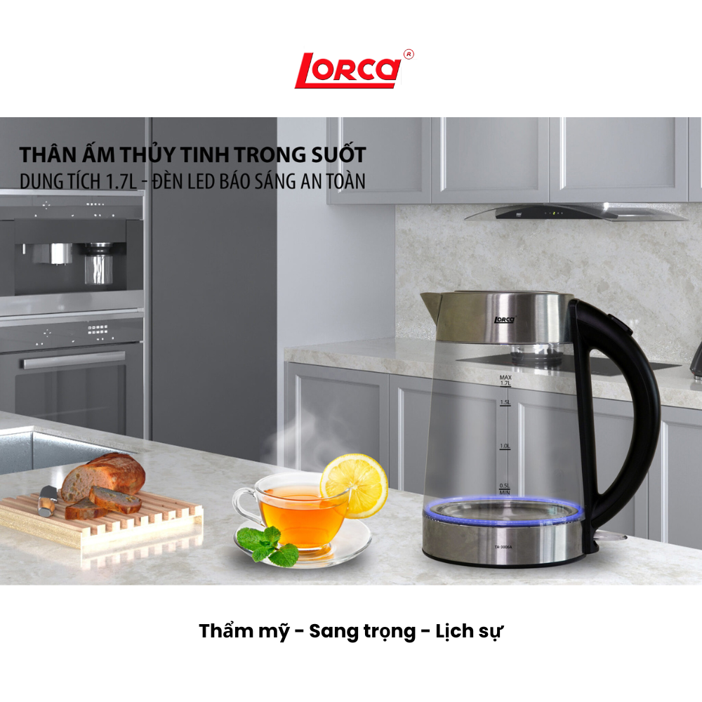 Ấm Đun Siêu Tốc 2 Lớp 1.7L Lorca TA 3006A Hàng Chính Hãng Ấm Đun Nước Thủy Tinh Inox Đun Nhanh, Công Suất Lớn 2200W