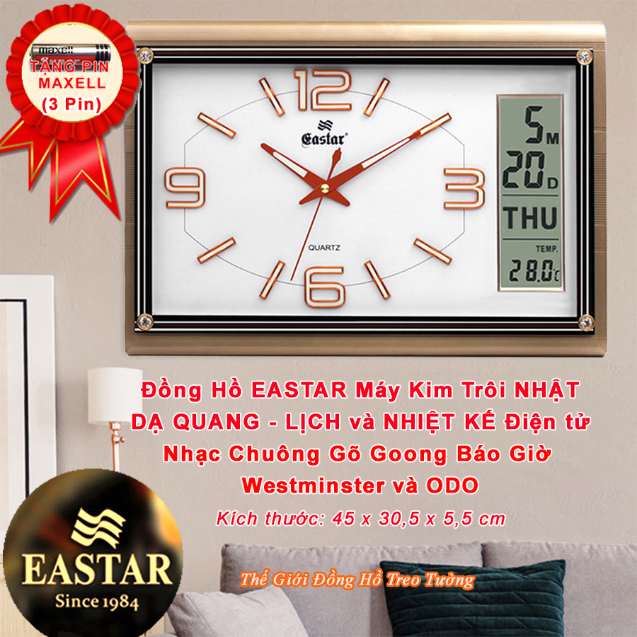 Đồng hồ NHẠC CHUÔNG BÁO GIỜ WESTMINSTER - Máy KIM TRÔI EASTAR có DẠ QUANG - LỊCH VẠN NIÊN và NHIỆT KẾ - Mặt Chữ Nhật Kính Tràn Viền - Tặng 4 Pin Maxell