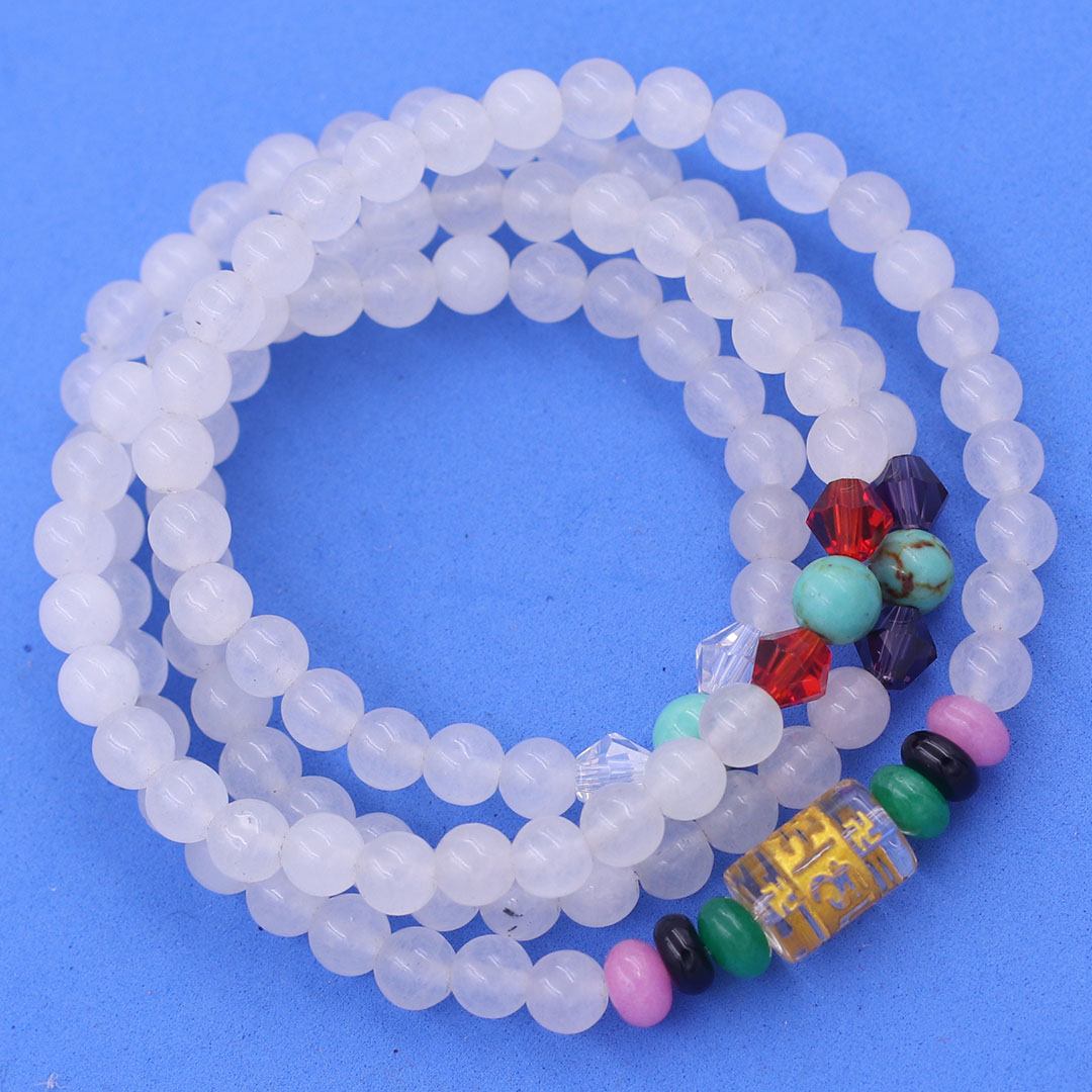 Vòng chuỗi 108 hạt đá thạch anh trắng 6 ly charm lục tự kim ngôn, vòng chuỗi niệm Phật, vòng chuỗi đeo tay