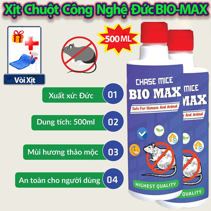 Chai Xịt Đuổi Chuột Chai Xịt Đuổi Chuột Bio MAX 500 ML Công Nghệ Đức - Không Mùi Nguồn Gốc Thảo Mộc, An toàn Xua Đuổi Chuột, Gián, Côn Trùng Không Mùi Nguồn Gốc Thảo Mộc, An toàn Xua Đuổi Chuột, Gián, Côn Trùng