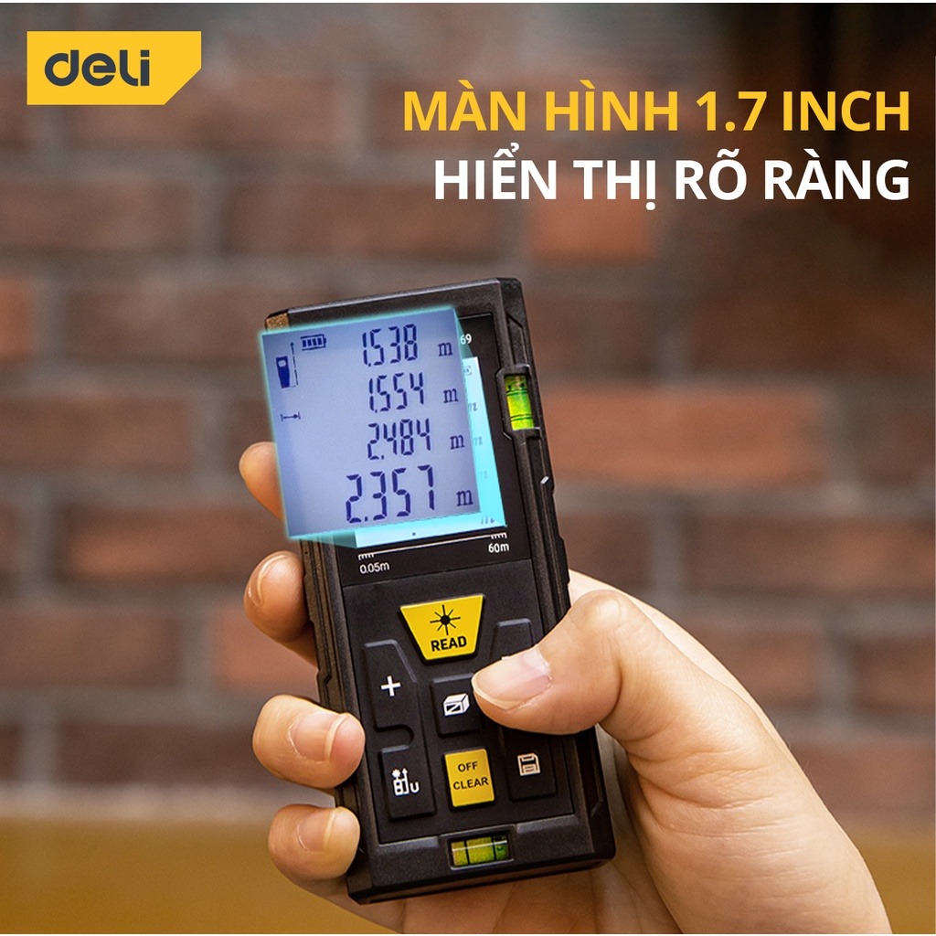 [TẶNG 2 PIN] Máy Đo Khoảng Cách Laser Deli Chính Hãng Loại 40m - 120m Đa Năng - Dễ Dàng Sử Dụng Từ Xa - EDL4168