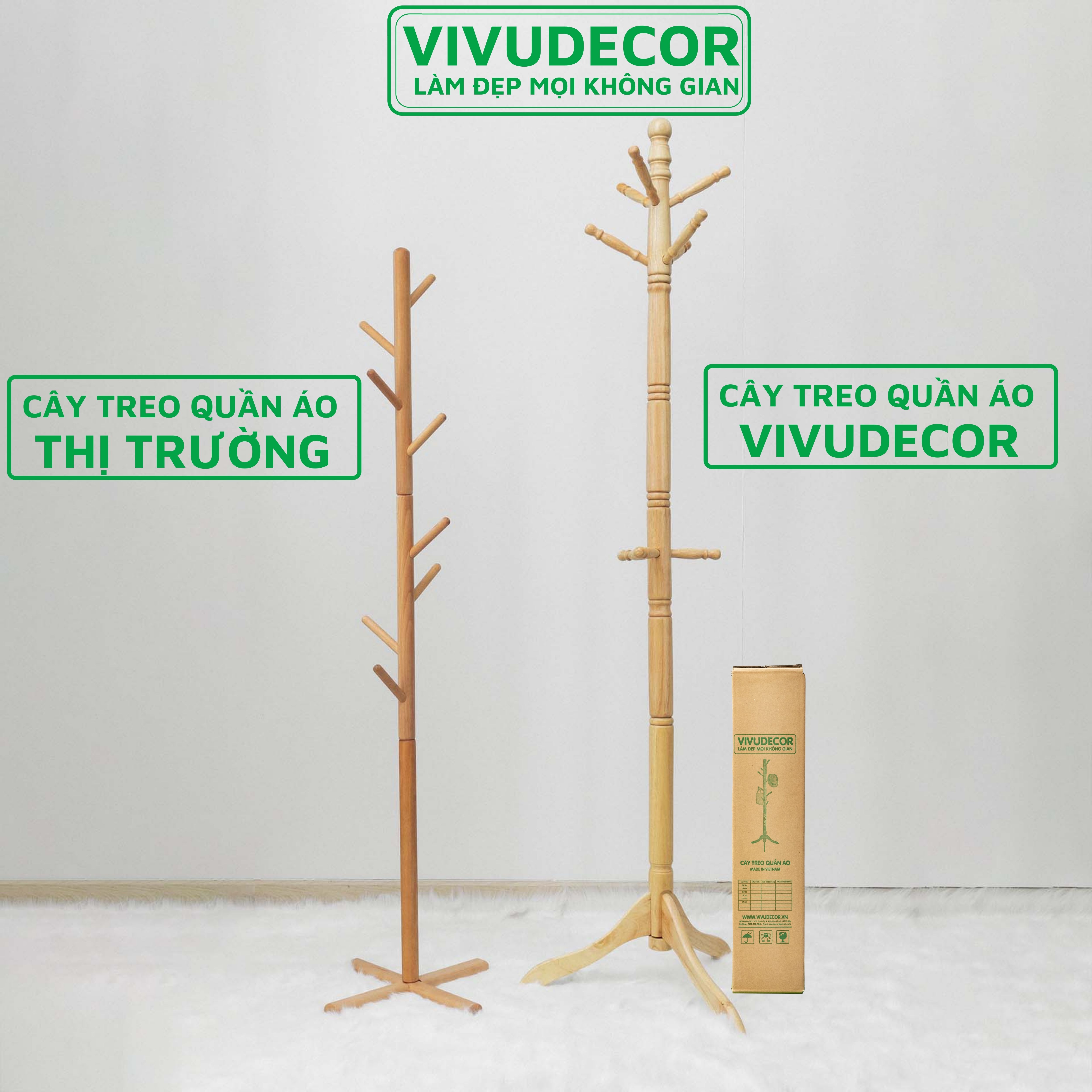 Cây Treo Quần Áo Vivudecor 100% Gỗ Tự Nhiên, Cây Treo Đồ GH 9 Nhánh Lắp Ráp Xuất Khẩu Hàn Quốc