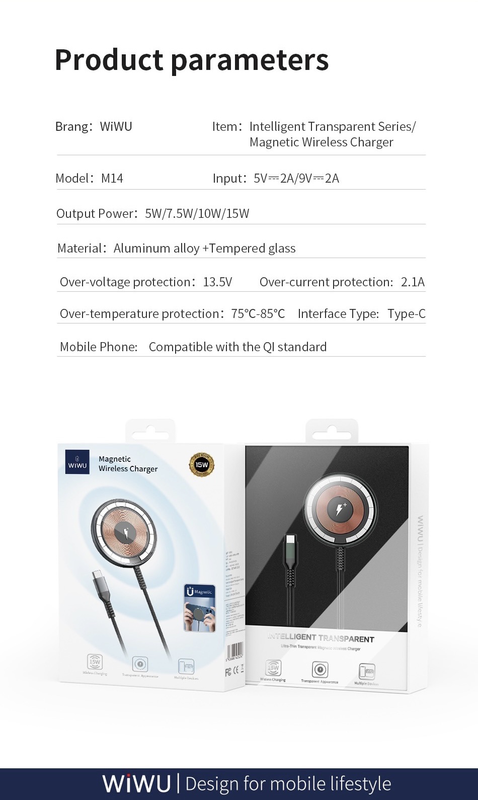 Sạc Wiwu M14 Magnetic Wireless 15W dành cho Smart Phone, Android Hỗ Trợ Bộ Sạc Không Dây 15W - Hàng Chính Hãng