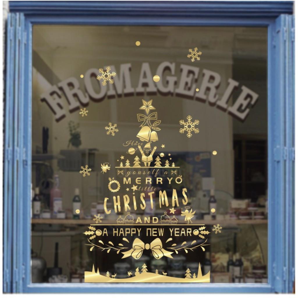 Decal trang trí tường Noel - Cây Thông Merry Christmas & Happy new year ánh đồng cao cấp