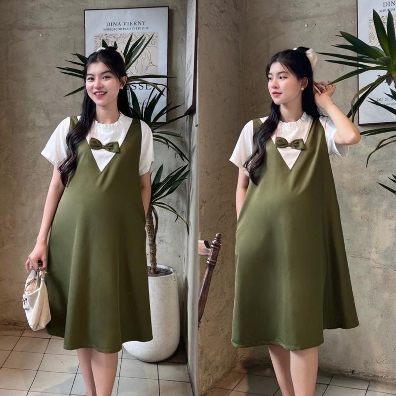 Đầm bầu yếm liền công sở cổ bèo tim đính nơ chất cotton lạnh mềm mịn dễ thương - Xanh rêu
