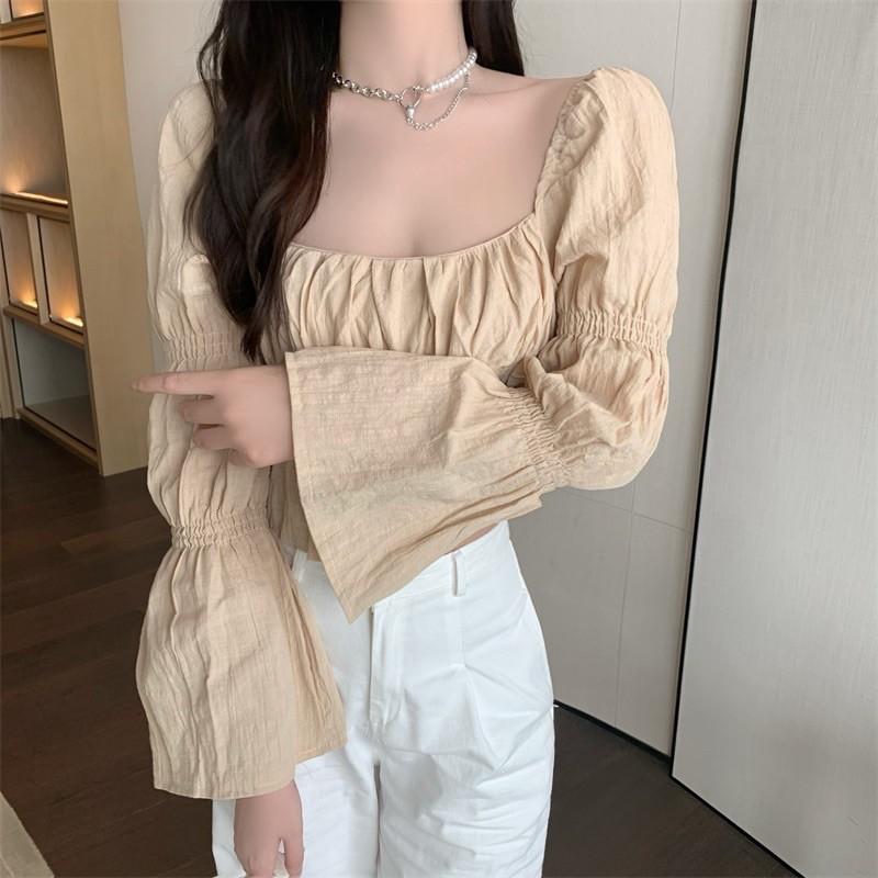 Áo croptop đũi nhăn dáng cổ vuông tay loe 2021