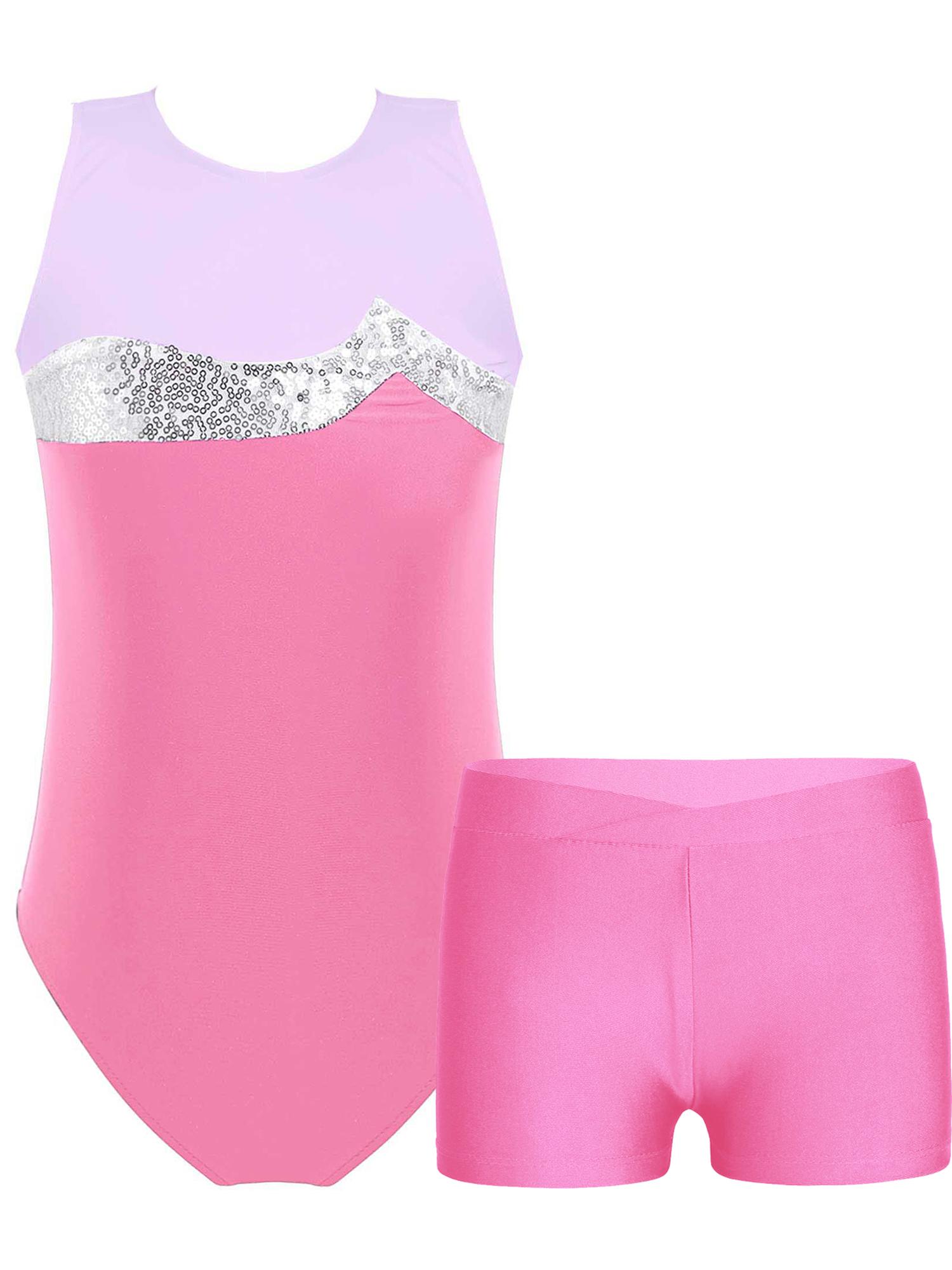 Trẻ em nữ không tay sáng bóng sequins thể dục dụng cụ thể dục dụng cụ với v-front eo quần short nhảy thể thao trang phục múa ba lê Color: Pink Size: 12