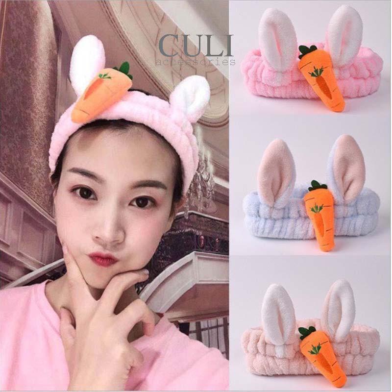 Băng đô rửa mặt, Bờm cài tóc tai thỏ đính củ cà rốt siêu đáng yêu, vải lông mềm mại, style Hàn Quốc xinh xắn