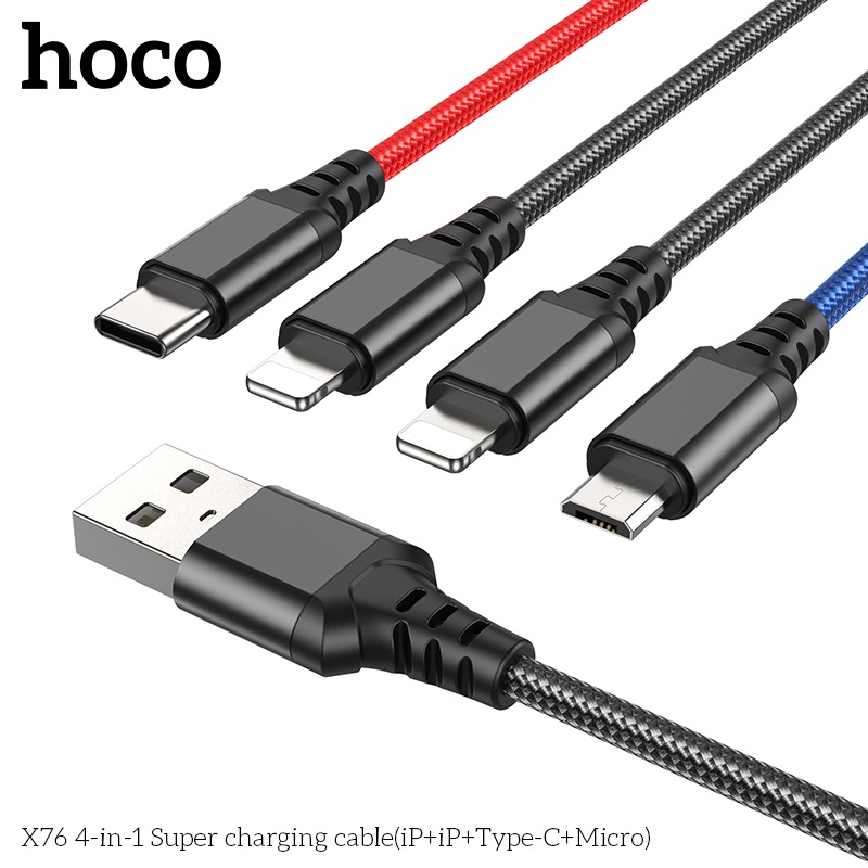 Cáp Sạc Dành Cho Hoco. X76 Super 4 Trong 1 2.0A Cổng IP * 2 + TypeC + Micro Dây Dài 1m Hàng Chính Hãng