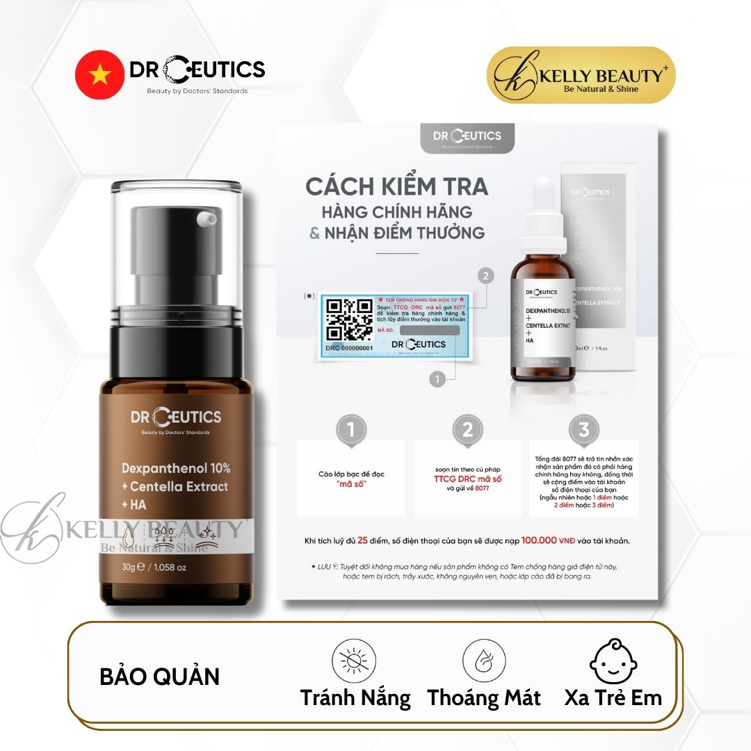 Serum Vitamin B5 10% DrCeutics - Cấp Ẩm và Phục Hồi Da - Dexpanthenol 10% + Centella Extract + HA | Kelly Beauty