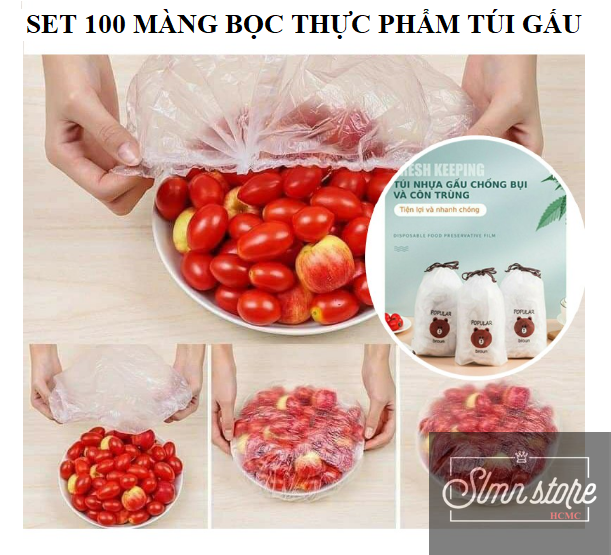 Set 100 màng bọc thực phẩm túi gấu Màng bọc thực phẩm PE có chun bọc đồ ăn co giãn tái sử dụng nhiều lần. SD2-MangBocTP