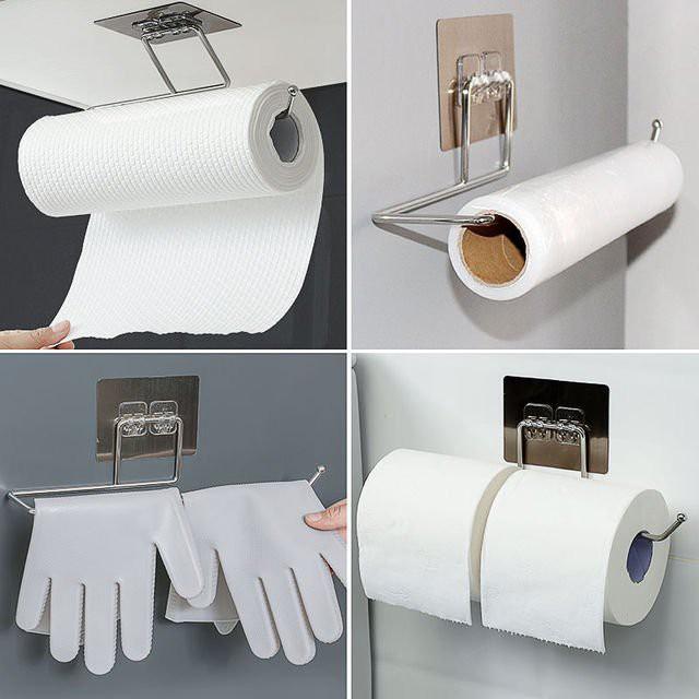 Móc treo cuộn khăn/giấy lau bếp dán tường bằng inox, giá để cuộn khăn lau bếp bằng gỗ cao cấp