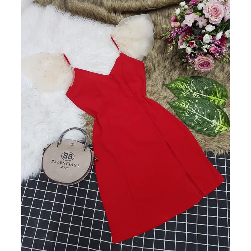 Đầm body phối vai lưới kết hạt