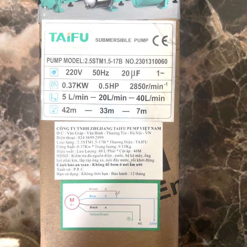 Bơm hỏa tiễn 370W (0.5HP) (2.5&quot; Ø60 thả ống 76) thân inox 304 có hộp tụ đi kèm TAIFU - Bảo hành 1 năm
