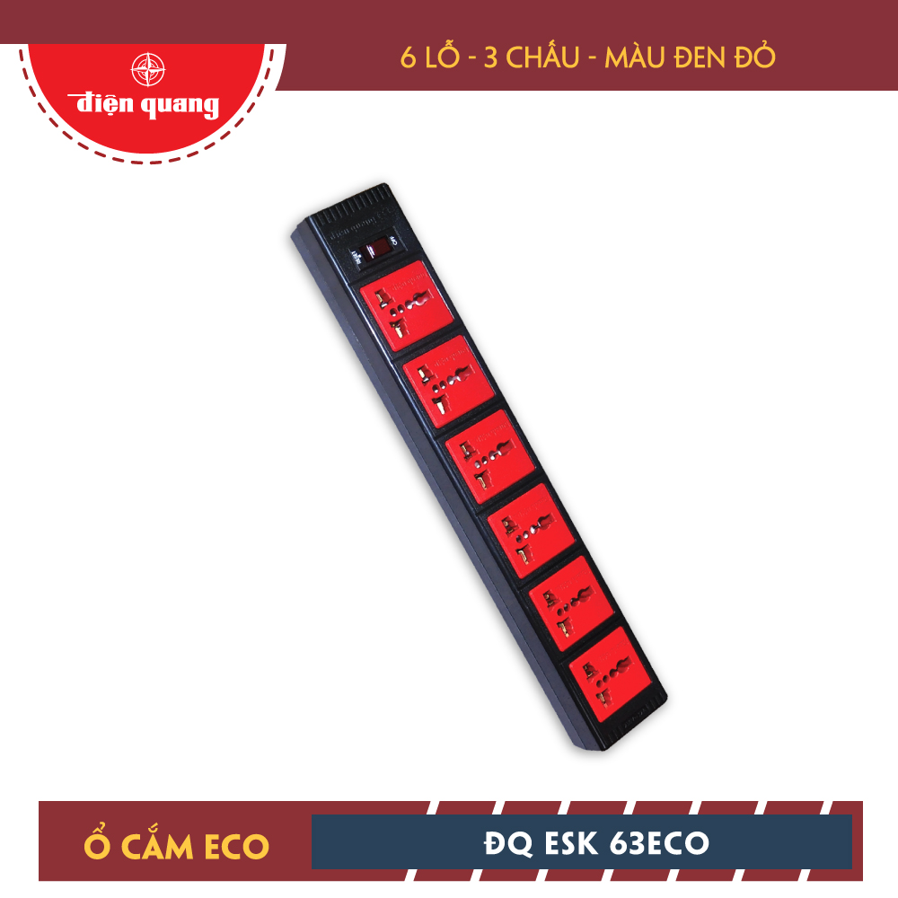 Ổ Cắm 6 Lỗ 3 Chấu Dây 5 Mét Điện Quang ĐQ ESK 5BR 63ECO - Đen Đỏ
