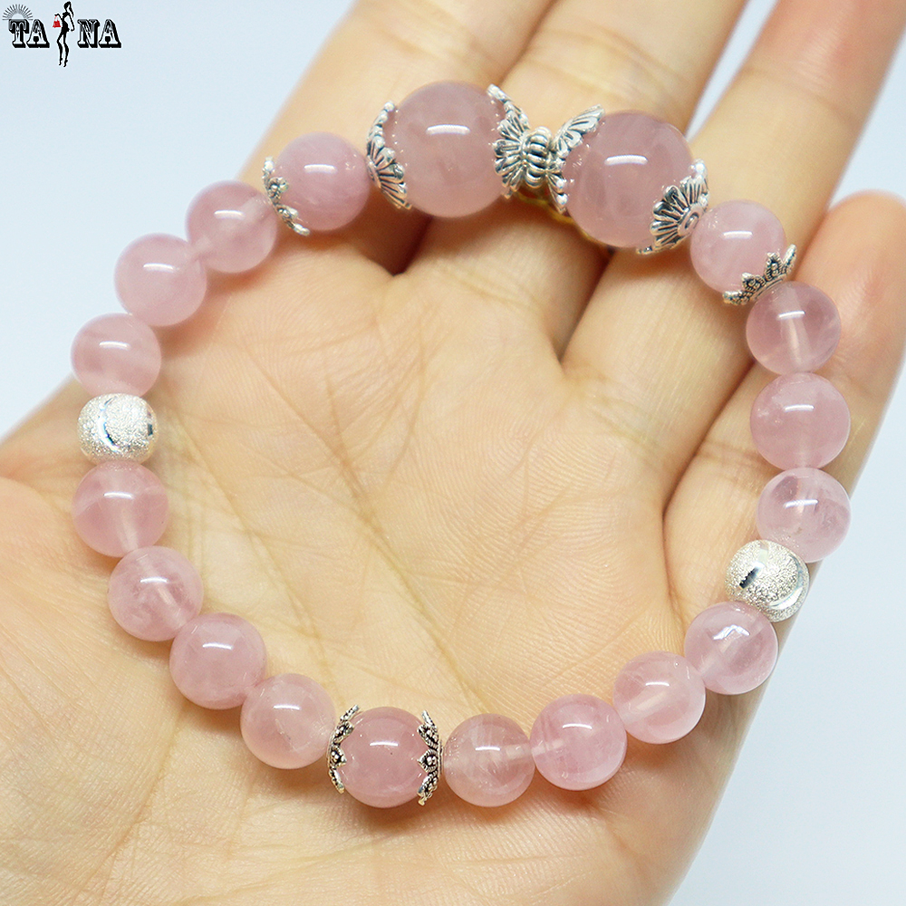 Vòng đá thạch anh hồng 8mm, 12mm 4A charm bạc 925 cao cấp