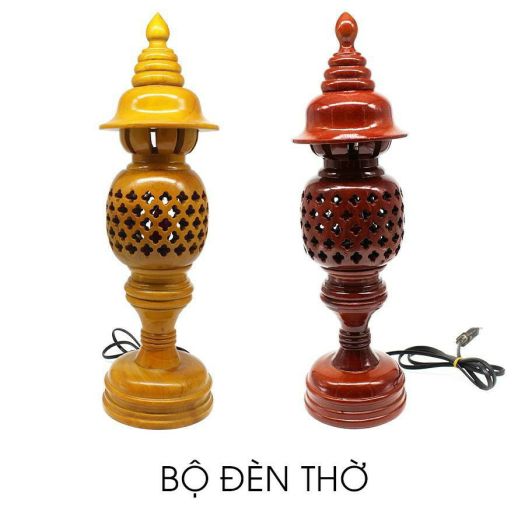 Cặp đèn thờ gỗ tràm bông vàng cao 23 cm màu vàng