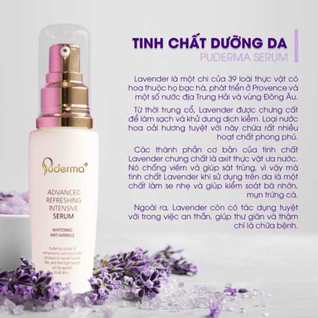 Tinh chất (Serum) dưỡng da Puderma Advanced Refreshing Intensive Serum 60ml: cung cấp vitamin và khoáng chất có lợi cho da. Hỗ trợ tái tạo những tế bào mới, cung cấp đủ độ ẩm và dưỡng chất cần thiết cho làn da.