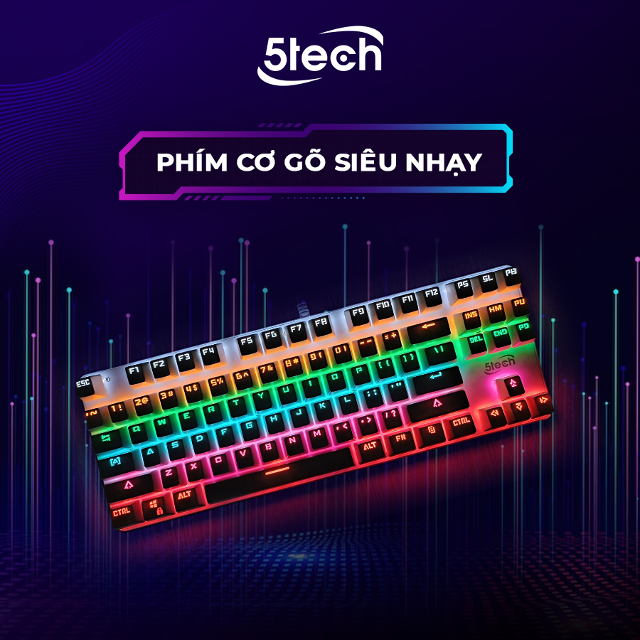 Bàn phím cơ gaming 5TECH Led RGB 10 chế độ nháy cực đẹp, chơi game gõ siêu đã, thiết kế nhỏ gọn dùng cho máy tính, laptop hàng chính hãng