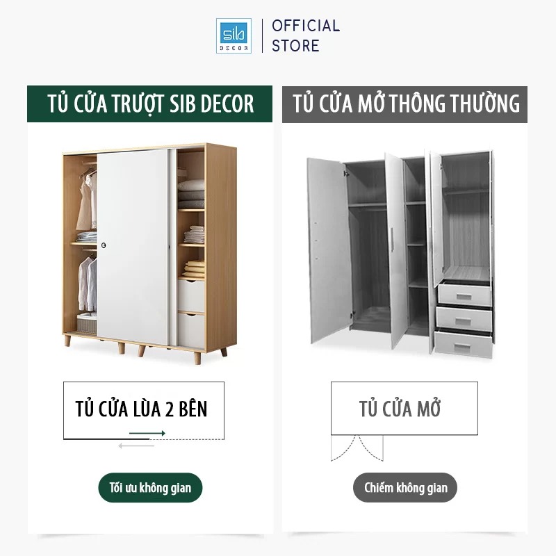 Tủ Quần Áo Kết Hợp Cửa Lùa Hiện Đại SIB Decor Màu Trắng Phối Vân Gỗ Sồi