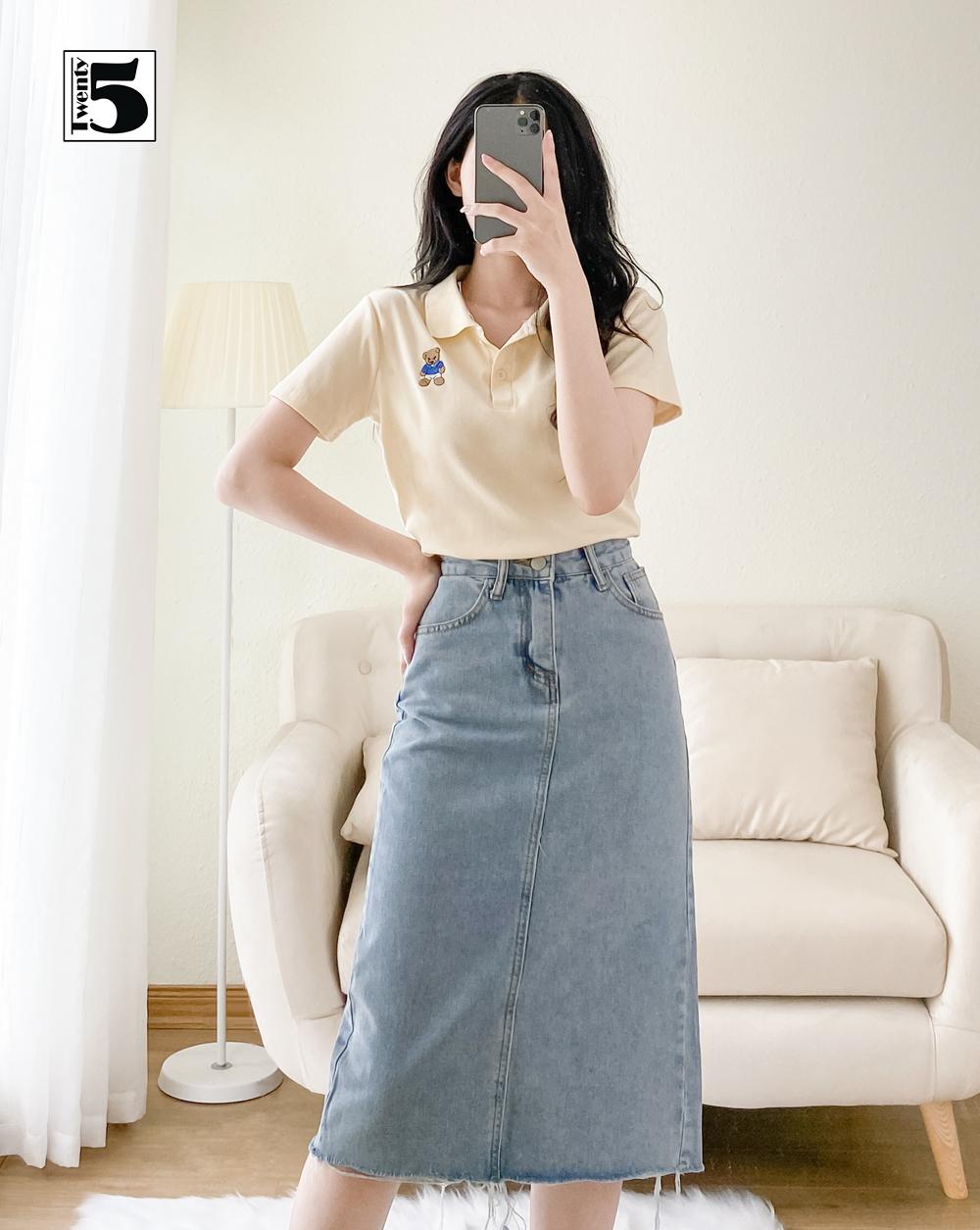 Chân váy jeans nữ trơn basic dáng midi dài qua gối, xẻ sau, gấu cắt TWENTYFIVE 4109