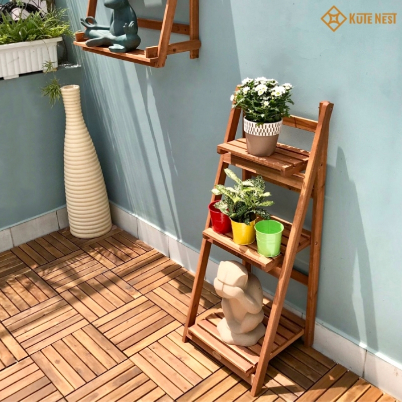 [Kute Nest] Kệ chữ A 3 tầng trang trí chậu hoa bằng gỗ tràm – Có thể gấp gọn – KT dài 42 x rộng (39 – 29 – 19) x cao 106 cm