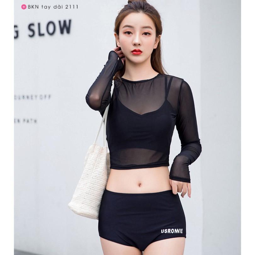 Bikini 3 mảnh dài tay Bộ bơi nữ áo lưới tay dài quần cạp cap sang chảnh