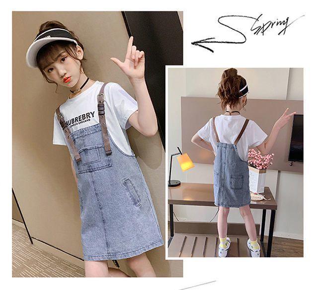 DONGSHOP 2023 Mùa xuân và mùa thu tây phiên bản Hàn Quốc của cô gái váy trẻ em denim dây đeo váy vest đầm bé