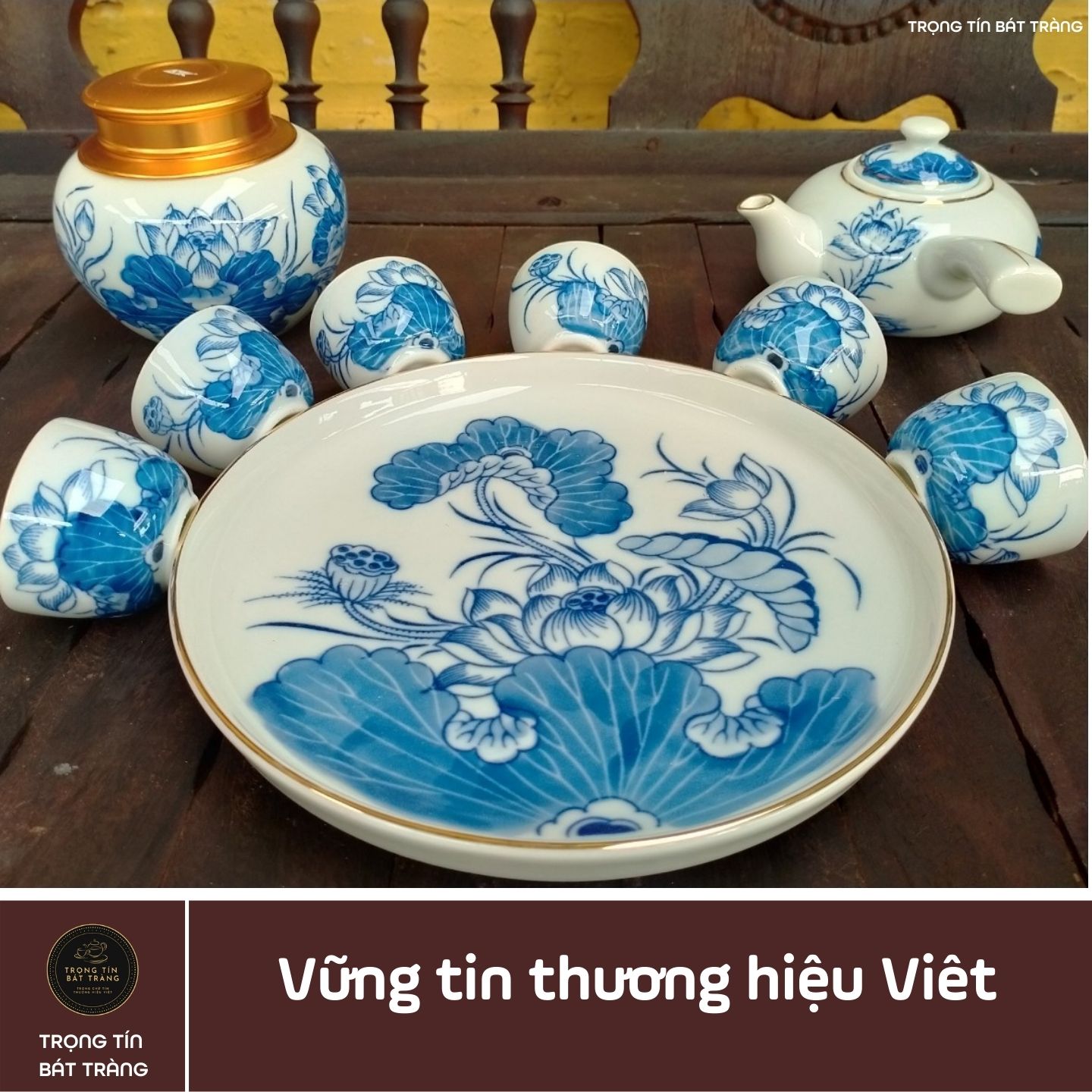 Bộ Ấm Chén Trà Đạo Gốm Trắng Men Lam Bát Tràng Hoa Sen Vẽ Vàng Dáng Đường Vũ Dung Tích 320ml ATA 26