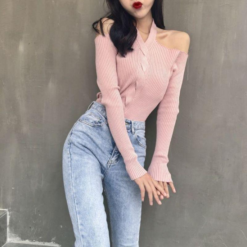 Áo Sweater dệt kim tay dài màu trơn phong cách retro